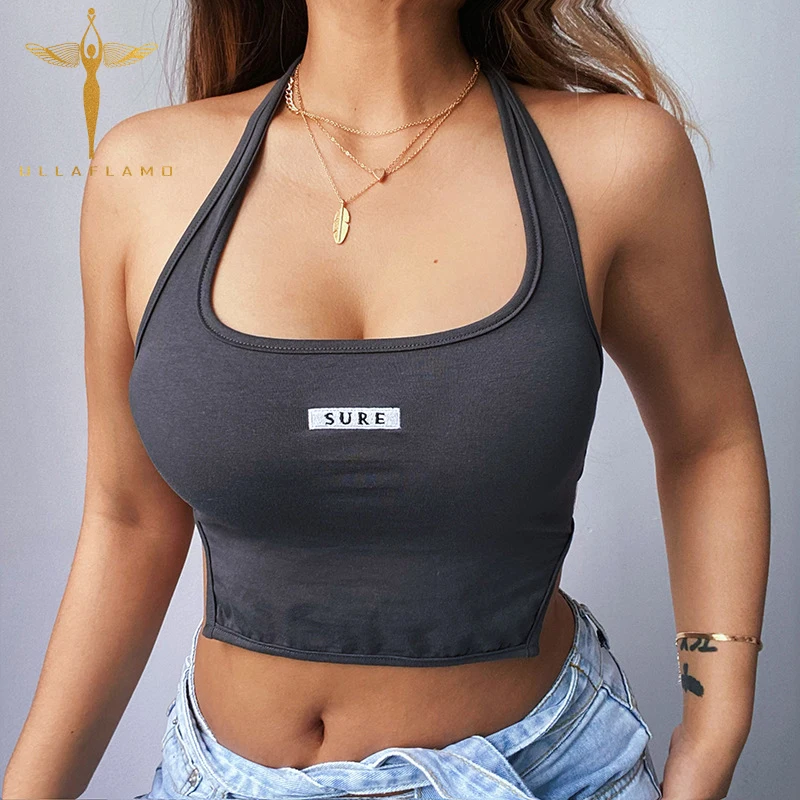 

Halter Crop Top Women's Clothing Letter Embroidery Split Gray Tank Vests Summer Bottom Backless Sexy Skinny Vest Tops Female