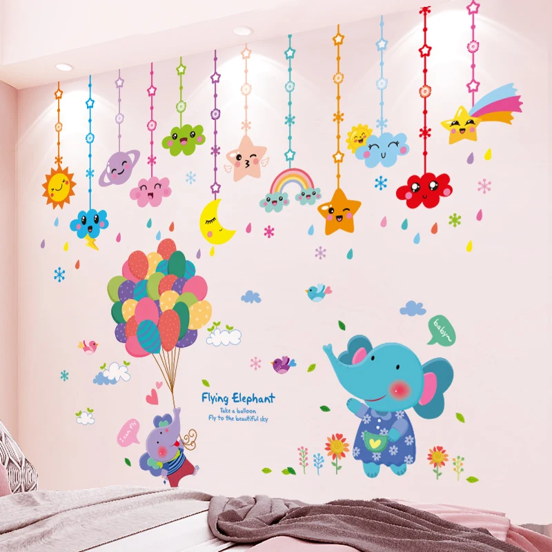 

[SHIJUEHEZI] Cartoon Clouds Stars Ornament Wall Sticker DIY Animals Balloons Mural Decals for Kids Room Baby Room Decoration