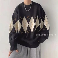diamond check argyle sweater men winter clothes vintage pullover knit sweater korean fashion clothing black jumper goth tops