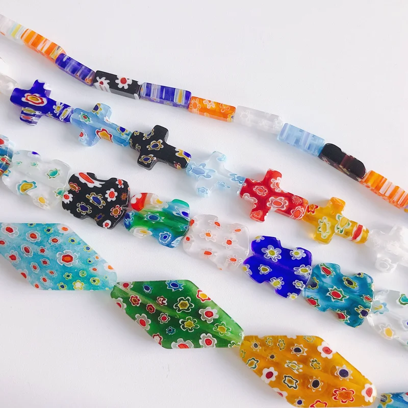 

Mixed Color Plum Blossom Glass Thousand Flowers Rhombus Cross Shaped Handmade Beaded Pendant