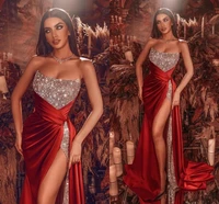 sexy red silver high split evening dresses mermaid strapless sequins long prom gowns formal occasion vestidos de fiesta