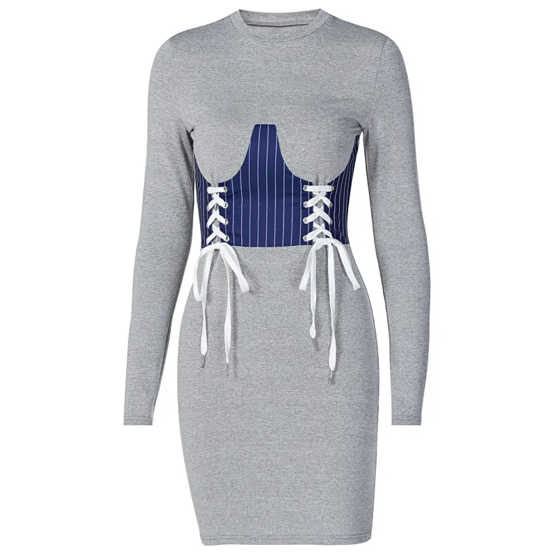 

Women Dress Bodycon Mini Bandage O Neck Long Sleeve Streetwear Casual White Grey Stitching Party Club Sexy Ladies Dresses