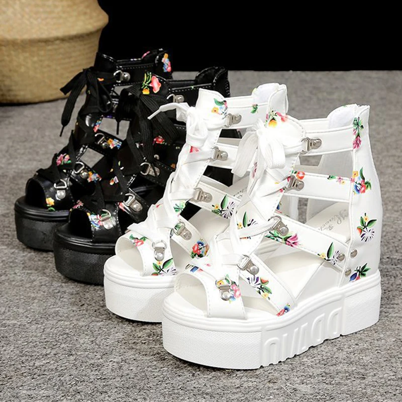 

New Leisure Wedges Sandals Women Fashion Summer Sandals Lace Up High Heels Sandals Platform Ethnic Flower Floral Women Sandals