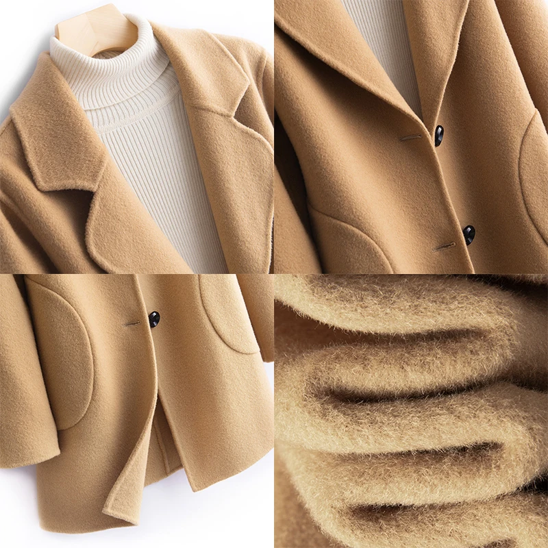 

Sparsil 100% Pure Wool Winter Long Coat Solid Color Double-faced Slim Topcoats Office Lady Elegant CashmereWarm Thicken Jackets