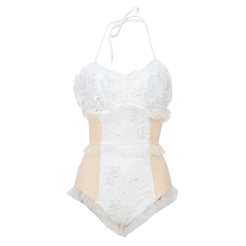 

Monokini Swimsuit One Piece Women's Swimsuits Woman With Push Up White Cover Backless Embroidery Spandex Solid Bathing Suit