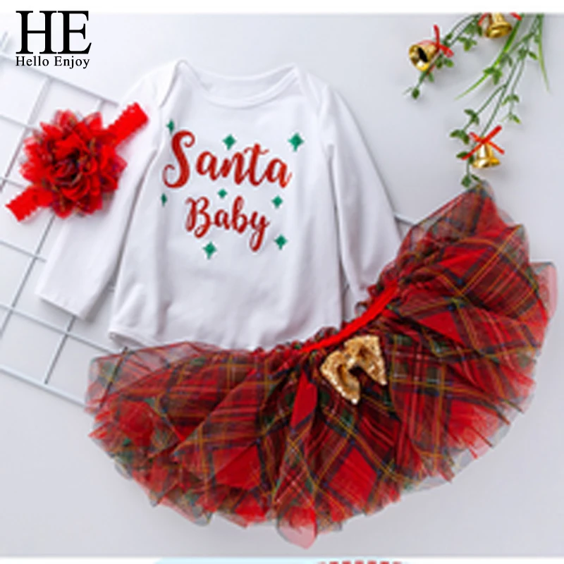 

HE Hello Enjoy Christmas tutu skirts Flower Long Sleeve Rompers Baby Clothing Set Infant Girl Clothes Cotton Socks Headband