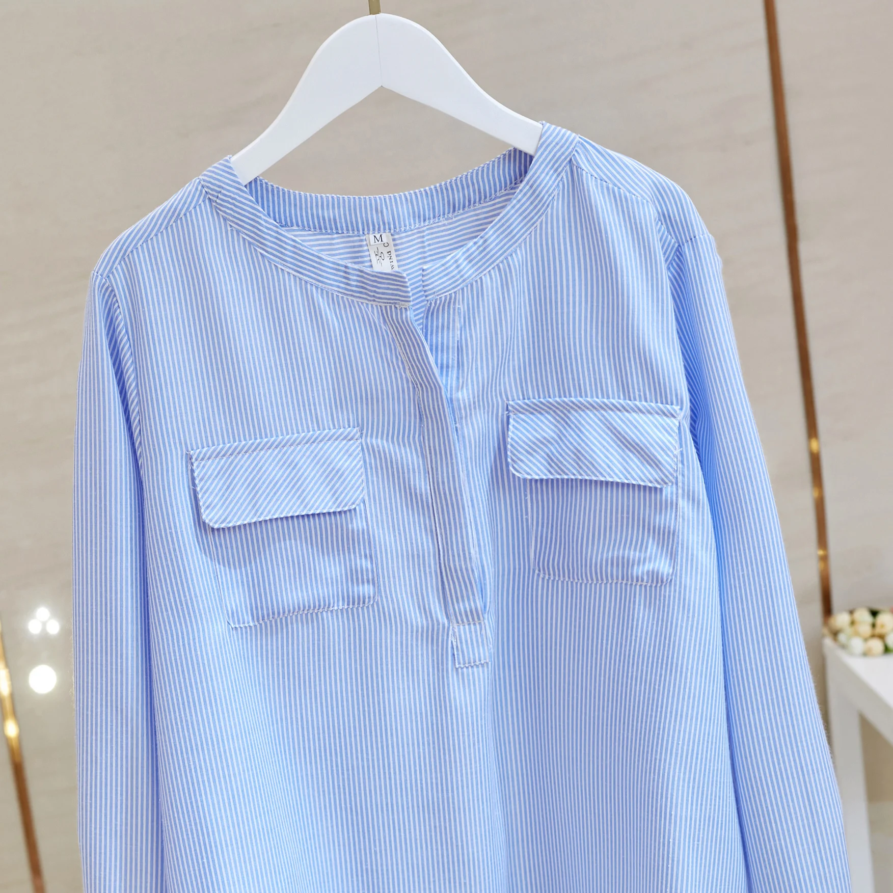 

Женская рубашка с длинным рукавом, голубая рубашка в полоску с воротником и длинными рукавами, пуловер свободного покроя в Корейском стиле ...