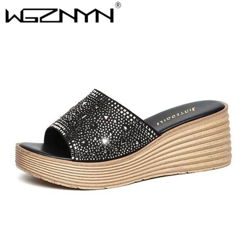 

New Woman Peep Toe Diamond Slippers Ladies Slip on Mid Heels Slides Female Solid Wedge Women Platform Casual Outdoor Shoes Women
