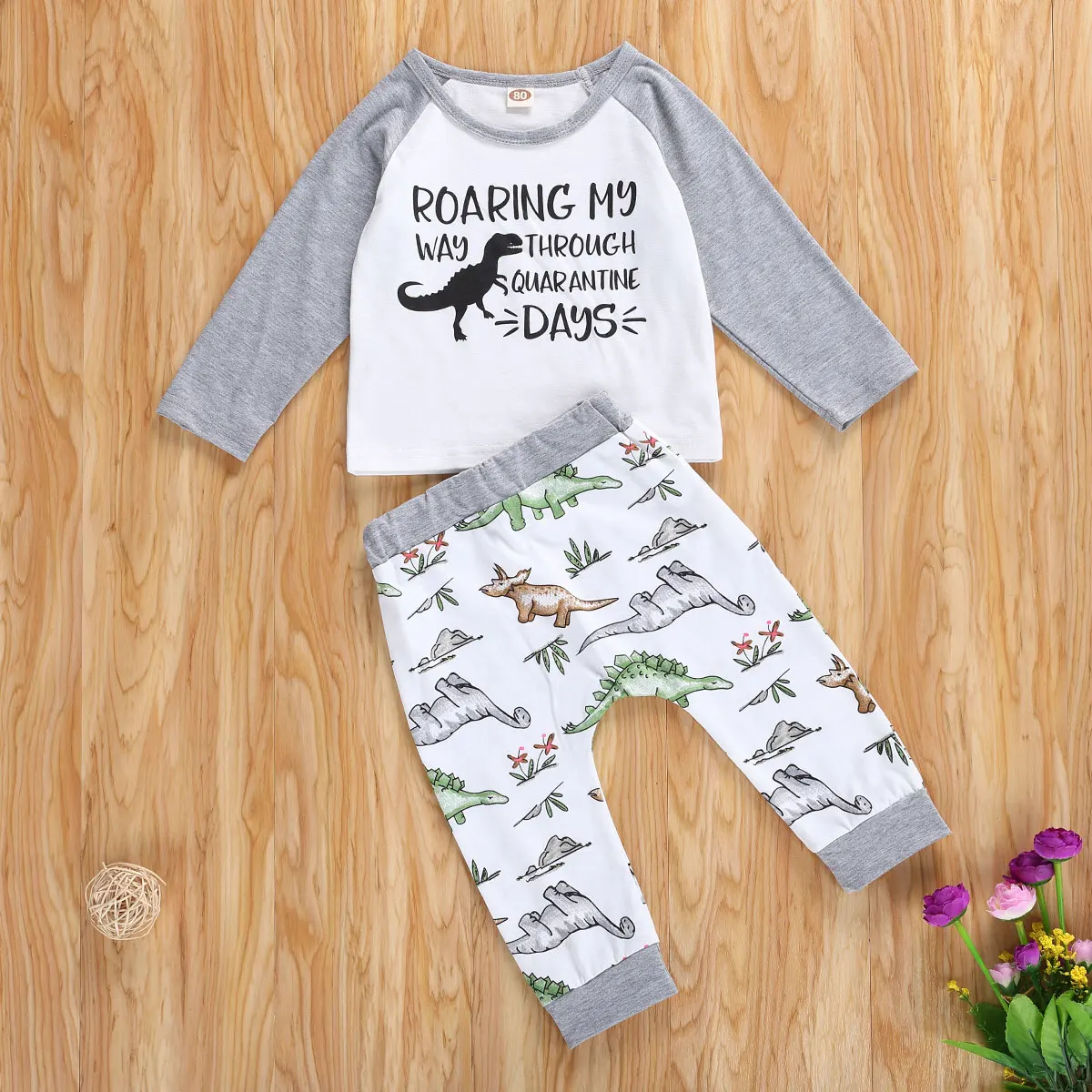 

Little Baby Boys Breathable Suit Toddler Spring Autumn Round Collar Long Sleeve Letter Top Creative Dinosaur Print Pants Set