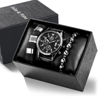 classic mens watch bracelets set black leather quartz watches men bracelet adjustable birthday christmas gift box kit for male