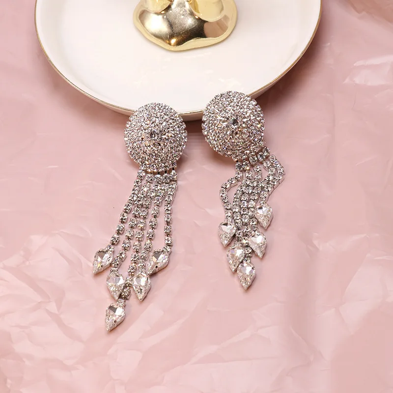 

CINKILE New Long Crystal Tassel Silver Color Dangle Earrings for Women Wedding Rhinestone Drop Earrings Fashion Jewelry Gifts