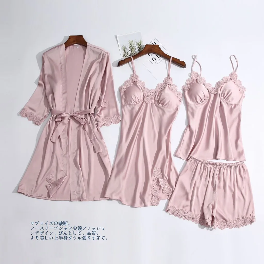 

3 Sets Women Sexy Satin Silk Pajamas V-Neck Solid Color Nightdress Lace Patchwork Lingerie Floral Robes and Sling Shorts Set