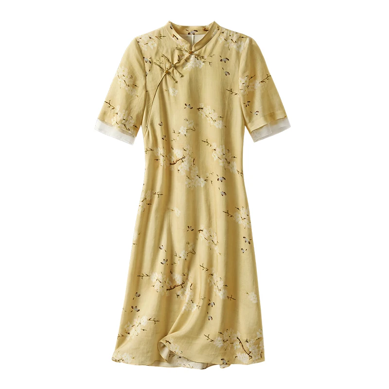 

SHUCHAN Chinese Style Dresses for Women Ramie A-LINE Mid-Calf Summer Print 2021 Women Fashion Clothing Yellow