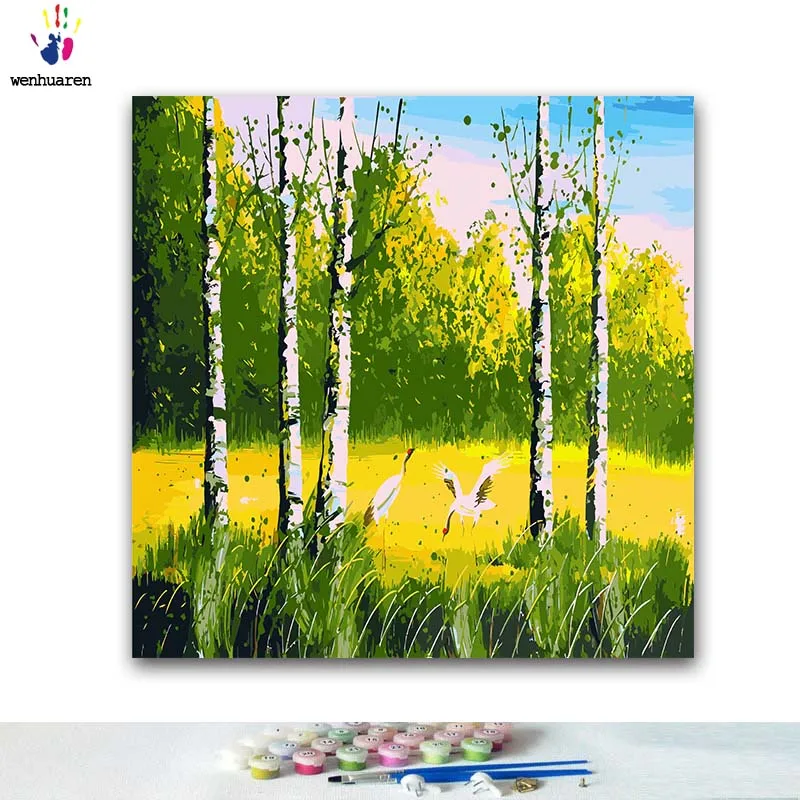 DIY картинки для раскраски по номерам с цветами березовый лес пейзаж Картина