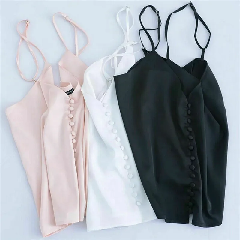 

New Fashion Women Summer Cool Solid Strappy V Neck Vest Tops Pure Button Tank Cami Sleeveless Blouse
