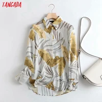 tangada 2021 women leaves print cotton linen blouse long sleeve chic female office lady shirt blusas femininas 4c89
