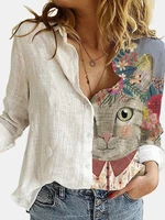 lovely cat printed polyester white shirt women autumn lapel long sleeves single breasted blouses female streetwear ladies tops