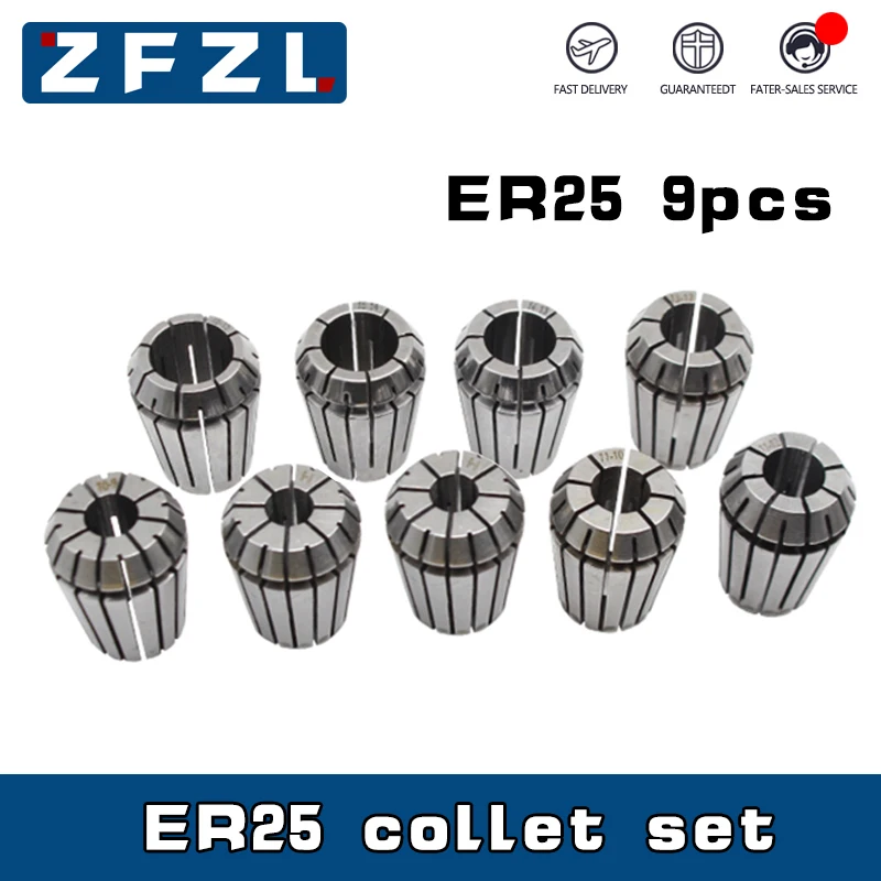 9PCS ER25 Collet Set Spring Collet 3/4/5/6/8/10/12/14/16mm High Precision ER25 Spindle Chuck Set CNC Machining Center