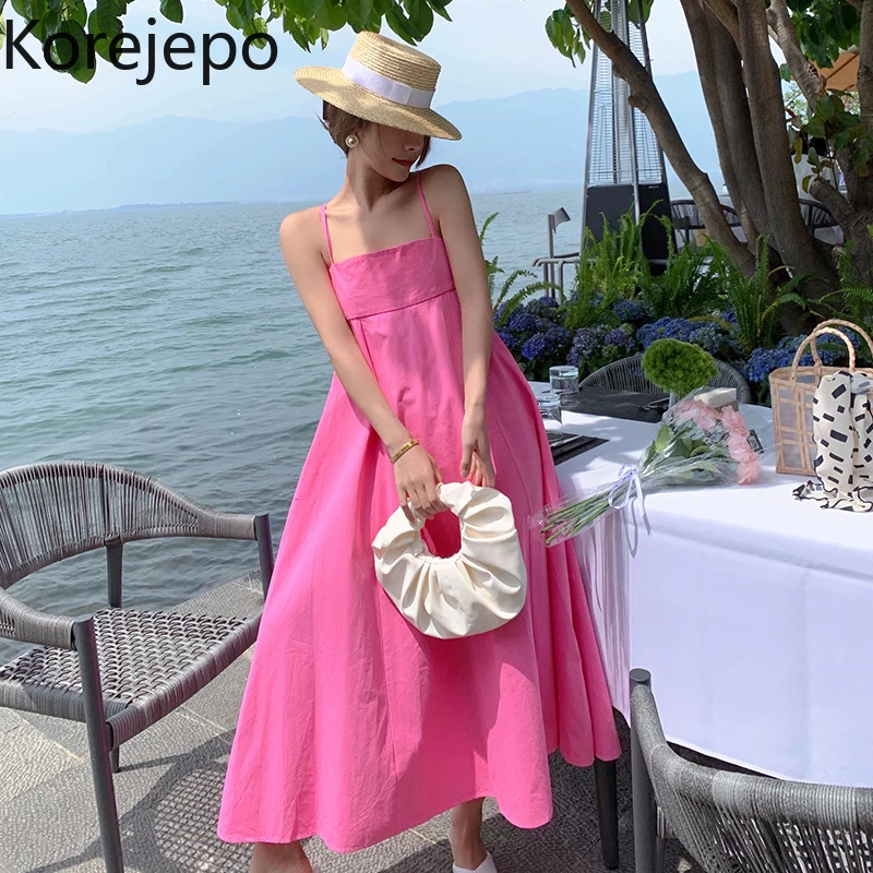 

Korejepo Women Spaghetti Strap Dress 2021 Summer New Sweet Retro Seaside Vacation Beach Style Pink Suspender Loose Long Dresses