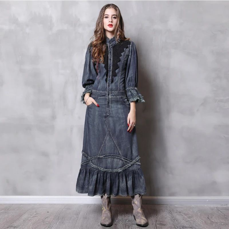 Женское винтажное платье OMIKRON элегантное джинсовое с длинным рукавом вышивкой и