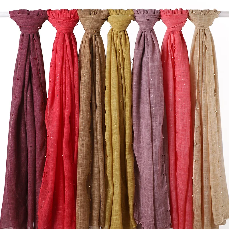 

New Soft Linen Cotton Scarf Shawls Muslim Hijab Wraps With pearl Decor High Quality Headband Long Scarves For Ladies Headwraps