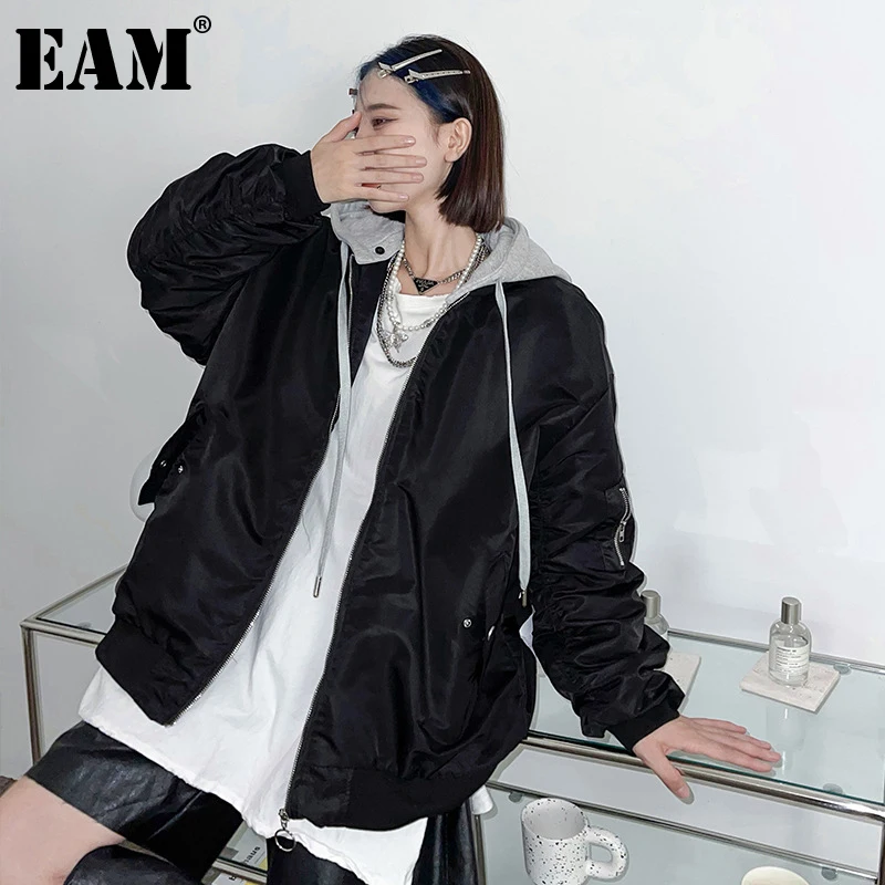 

[EAM] Army Green Big Size Hooded Cotton-padded Coat Long Sleeve Loose Fit Women Parkas Fashion New Autumn Winter 2021 1DE3739