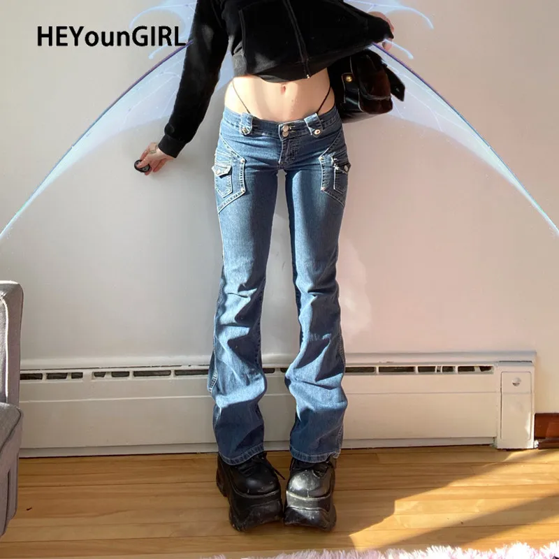 

Джинсы женские HEYounGIRL, с низкой посадкой, хлопковые, с карманами, в Корейском стиле, 2000s
