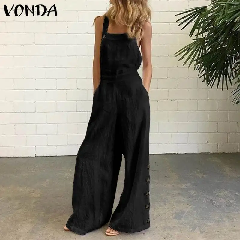 

Женские летние комбинезоны VONDA 2021, однотонные праздничные комбинезоны, сексуальные офисные комбинезоны без рукавов с широкими штанинами, ж...