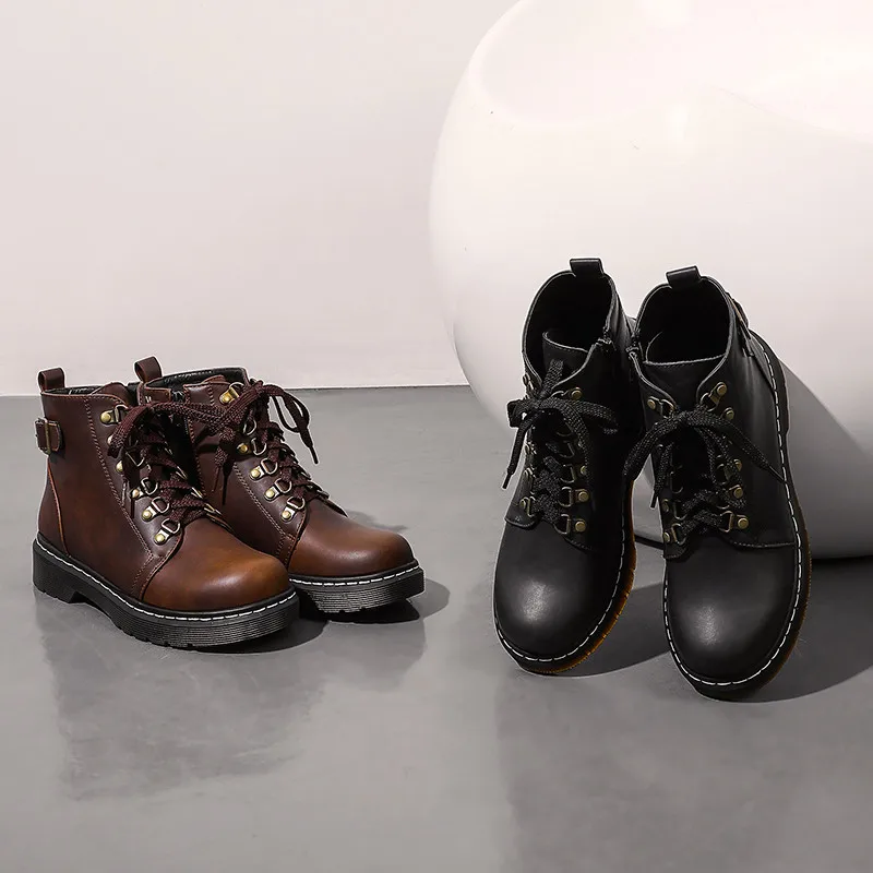 

MStacchi 2020 New Style Short Boots Lace-Up Metal Decoration Round Toe Out Street Shoes Retro Thick Bottom Ankle Bota Feminina