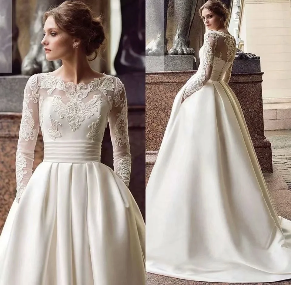 

Unique Lace Long Sleeves Open Back Simple Elegant Wedding Dress Chiffon Detachable Train Bridal Gowns