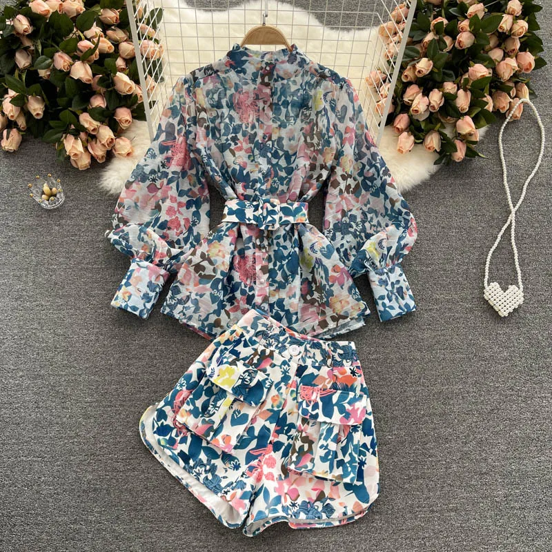 

Women Blue Printing Lapel Puffsleeve Shorts New Arrivals Two Piece Set Temperament Fashion Spring Summer 2021 X012