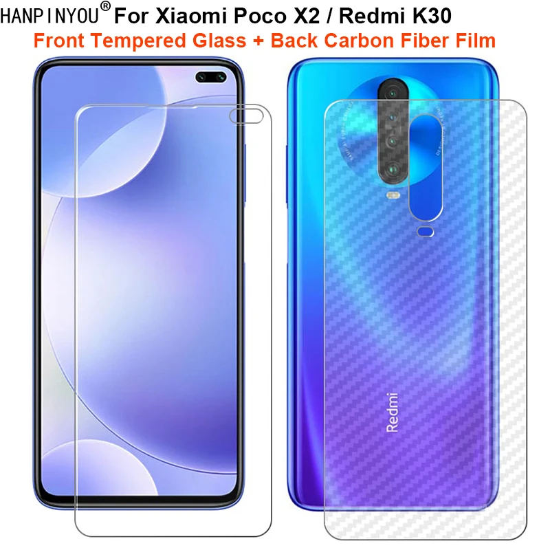 

For Xiaomi Poco X2 / Redmi K30 6.67" 1 Set = Soft Back Carbon Fiber Film + Ultra Thin Tempered Glass Front Screen Protector