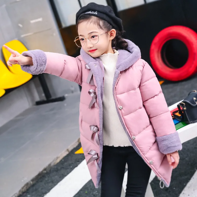 

Winter New Girls Imitation Fur Warm Down Fur Collar Jacket Clothing Girls Light Hooded Thick Down Coat Solid Cotton Warm Outwear