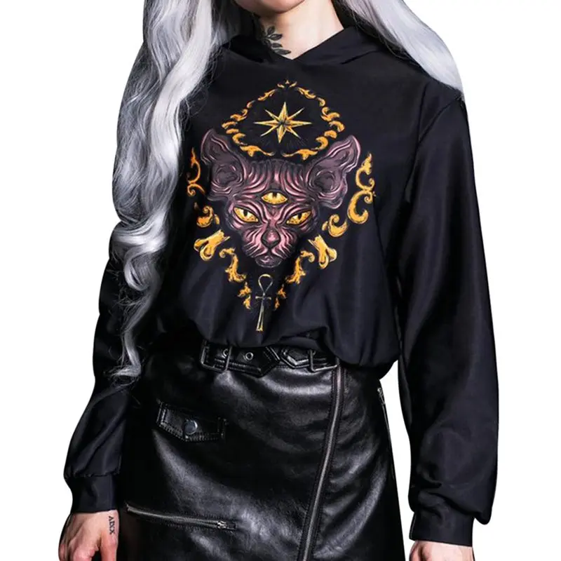 Готические черные толстовки с капюшоном Женская Повседневная Толстовка принтом
