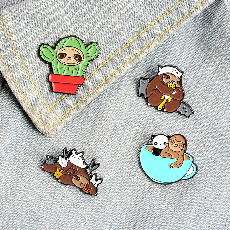 

Cute Sloth Enamel Lapel Pins Play with Cat Panda Rabbit Cactus Brooches Badges Cartoon Animals Pins for Friends Wholesale Gifts