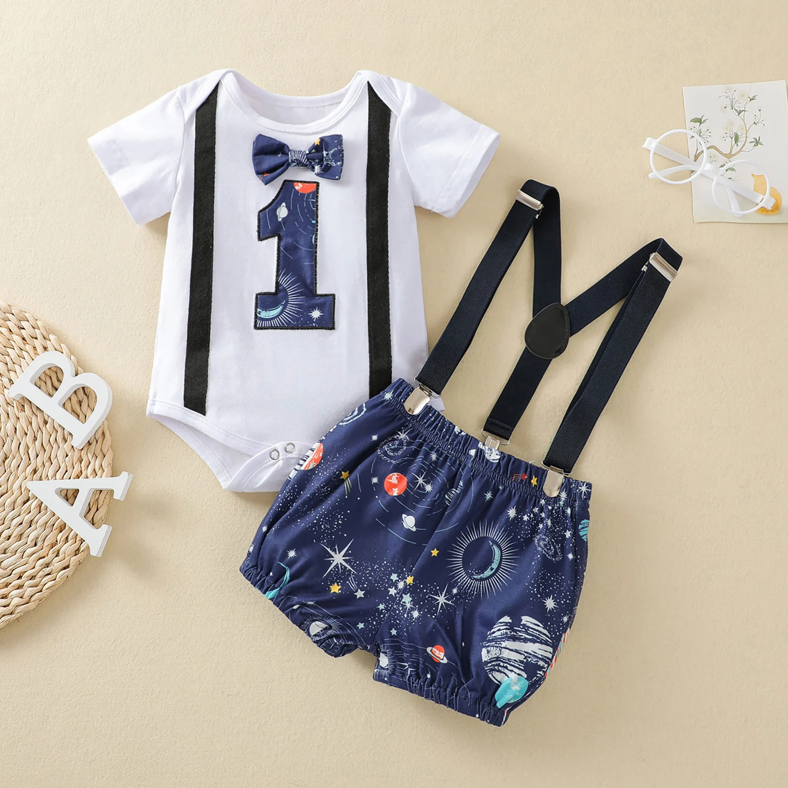 

2 Pcs Infant Summer Outfits, Toddler Cartoon & Number Pattern Short Sleeve Round Neck Romper with Bowknot + Overalls