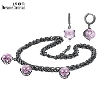 dreamcarnival1989 thick weaving necklace earrings set for women black pink color anniversary zircon jewelry love gift en868pks2