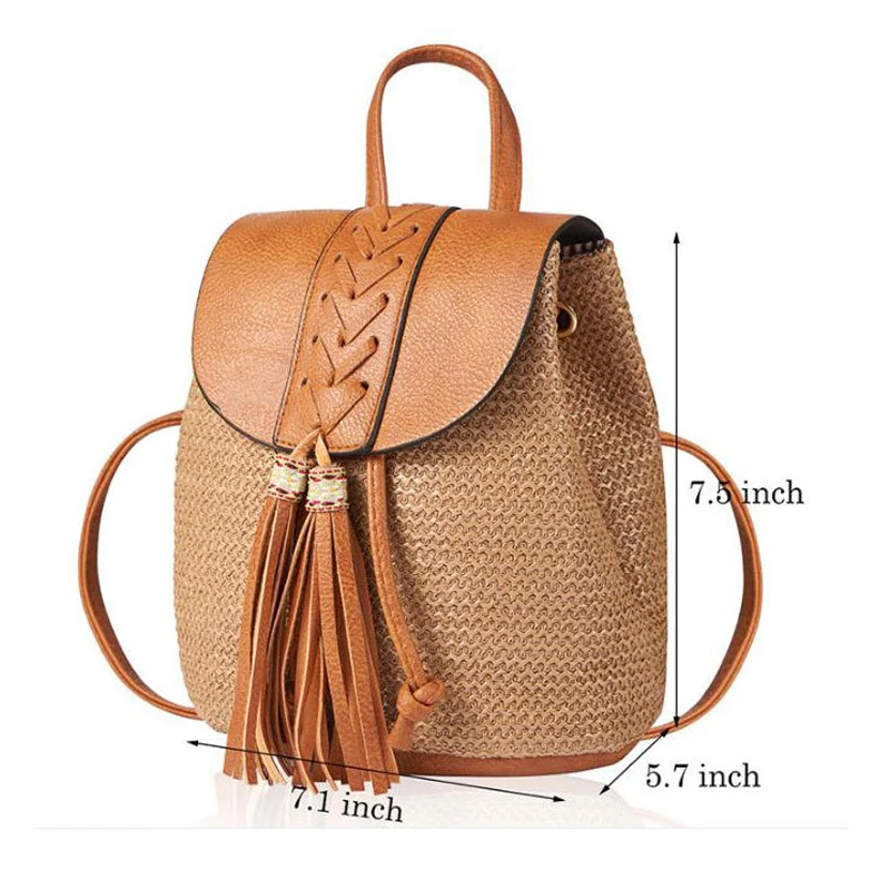 

2021 Large Capacity Travel Straw Bag Bohemia Tassel Backpack For Women Summer Solid Handmade Woven Teenager Shoulder Bag X271H