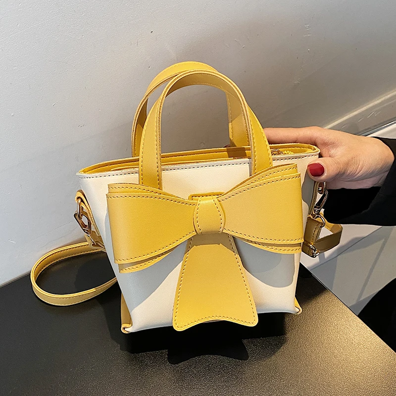 

Small Bucket Shoulder Bags for Women Bow-knot Crossbody Bag Ladies Simple Leather Top-handle Handbags Panelled Messenger Bag Sac