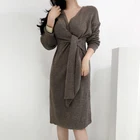 Женское платье-свитер, длинное теплое офисное платье с поясом-бантом, для осени и зимы, 2020