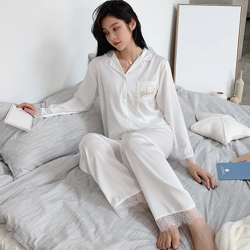 

Bridesmaid wedding pajamas sets New Womens Summer Satin Long Sleeve + pants Lady Sleepwear pijama M-XL