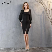 new vintage black short evening dresss side slit women sexy long sleeve solid bodycon short party dresses femme vestidos