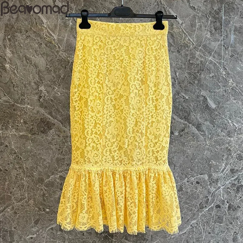 Beanomad Runway Fashion Summer Woman Yellow Silk Skirt Suit O-Neck Lace Hollow Out Top+High Waist Ruffles Hem Skirt 2 Piece Set