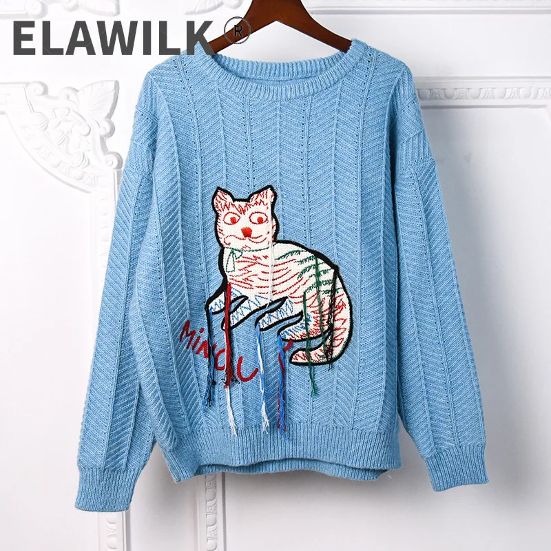 

Autumn Women High quality embroidery Sweaters Fashion cartoon cat tassels pullover sweater tops C612