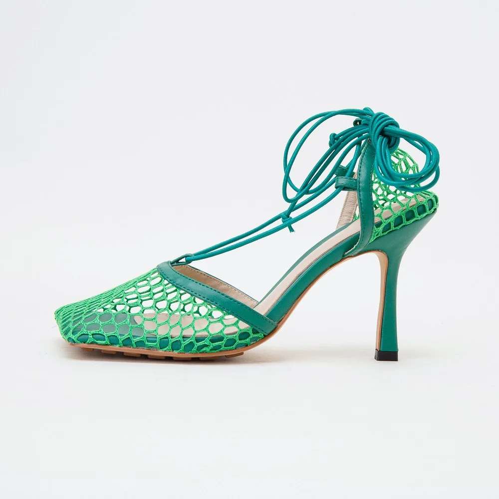 

Roni Bouker New Summer Genuine Leather High Heels Woman Yellow Green Mesh Heel Shoes Women Lace up Sandals Fashion Pumps