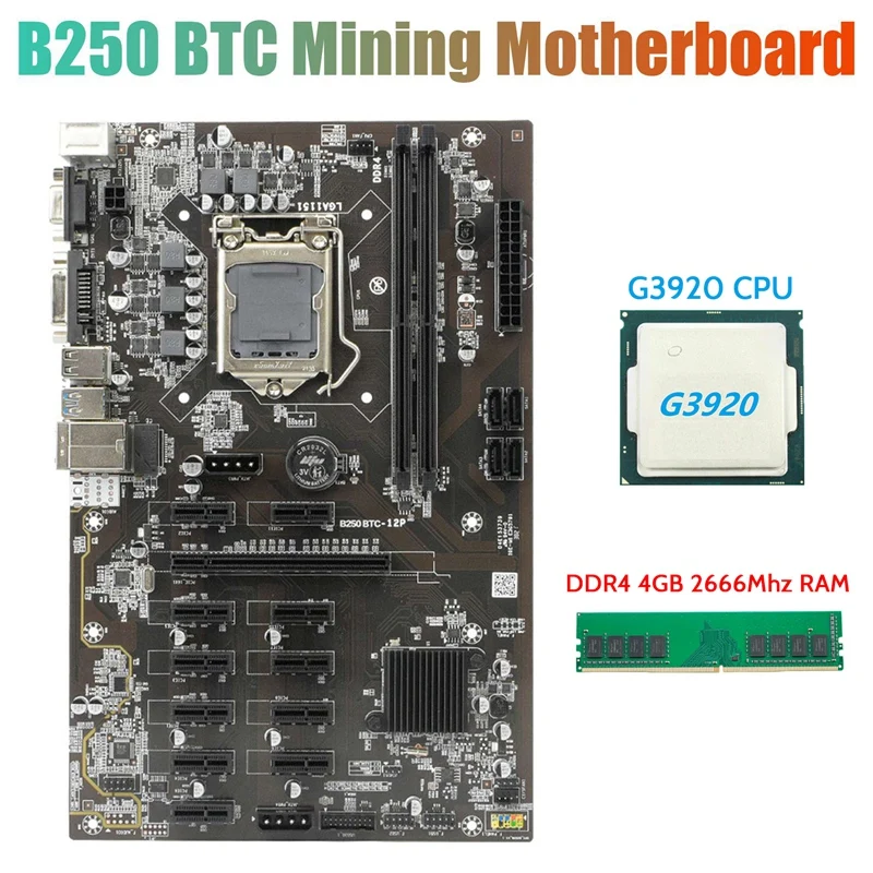 

Материнская плата для майнинга B250 BTC с процессором G3920 или G3930 + DDR4 4G 2666 МГц ОЗУ 12xграфический слот LGA 1151 поддержка DDR4