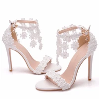 crystal queen women ankle strap sandals white lace flowers pearl tassel super stiletto high heels slender bridal wedding shoes