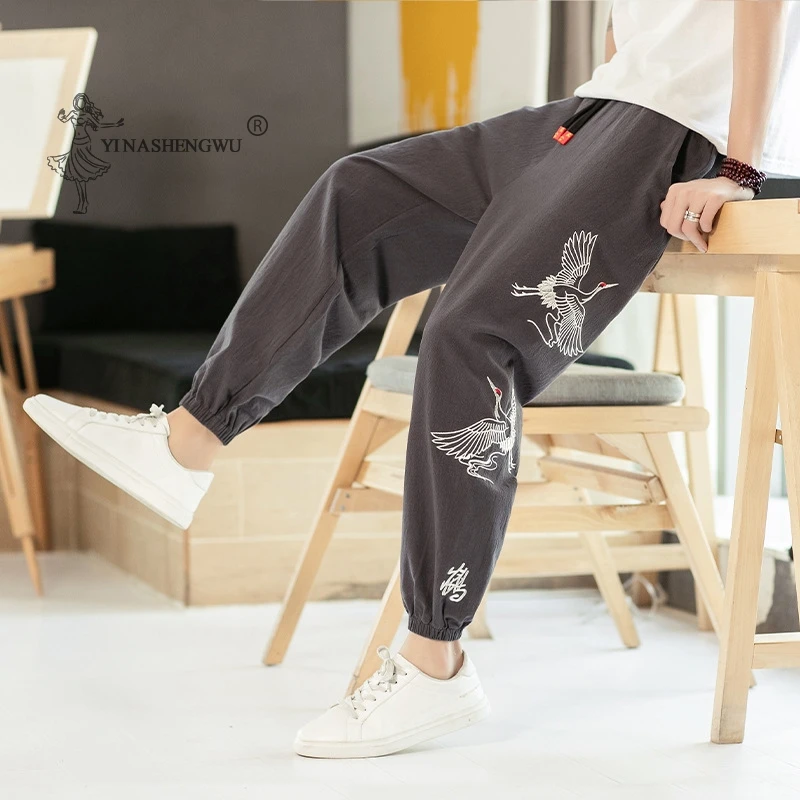 

Japanese Print Crane Kimonos Men Pants Loose Harajuku Trousers Japan Traditional Asian Yukata Clothing Embroidered Harem Costume
