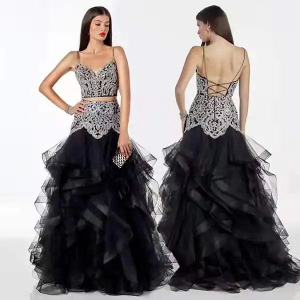 

V-Neck A-line evening dress with straps robe soiree lace-up back mix color lace applique Prom Dress vestidos de fiesta