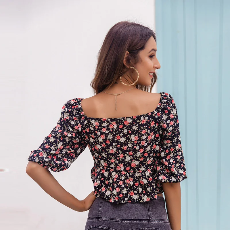 

Women's Short Black Small Floral Sexy Crop Tops For Ladies 2021 New Spring Summer Casual V Neck Bowkont Blouses Fashionable